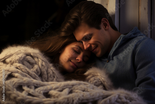 AI generated image of gentle people wrapped in warm blankets cozy autumn atmosphere at home