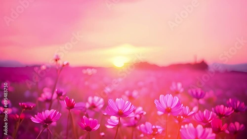 Wild flowers in bloom, pastel colors. Bokeh pink flower background. Paper daisies. Magical purple flower field moving in the wind beauty photo