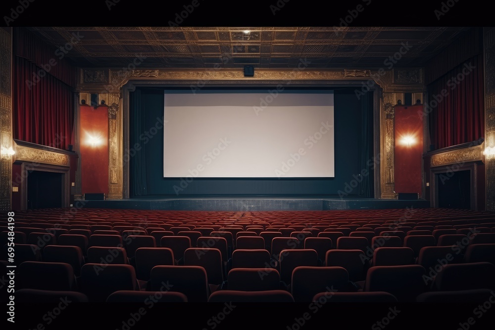 Empty of cinema. Mockup of hall, no people and auditorium.