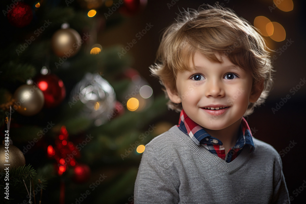 Generative AI happy child decorated christmas tree christmas gifts festive indoor living room magic Generative AI happy child decorated christmas tree christmas gifts festive indoor living room magic