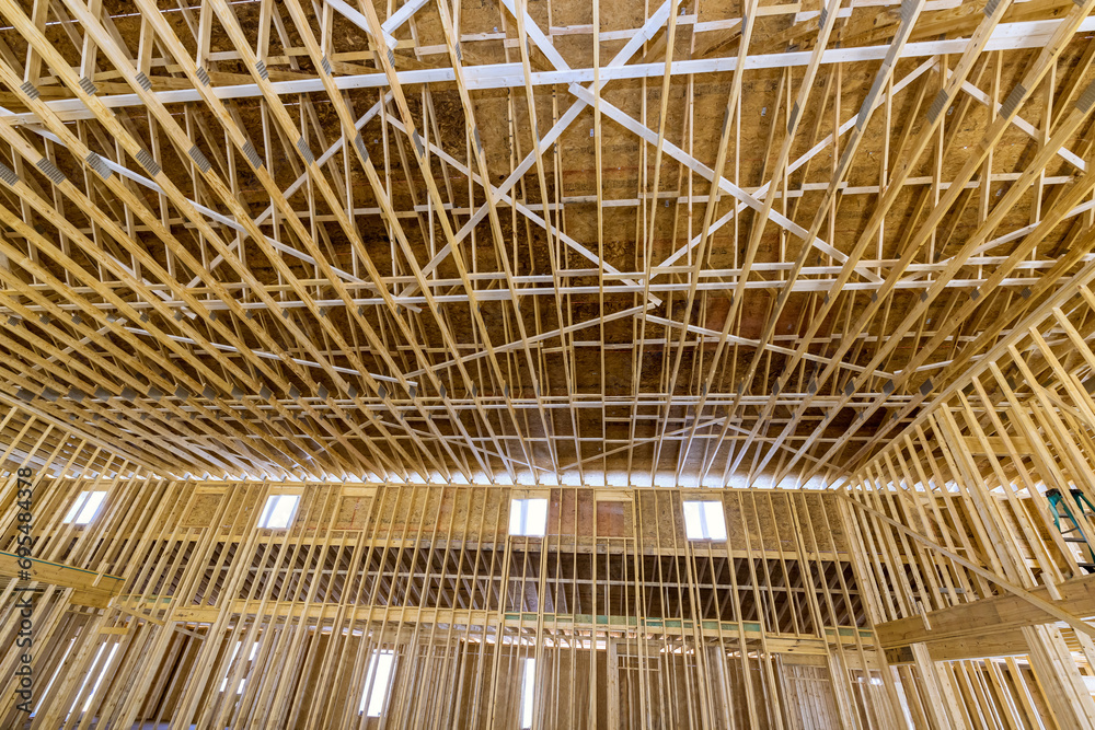 Beams framing wooden trusses framework built for new house