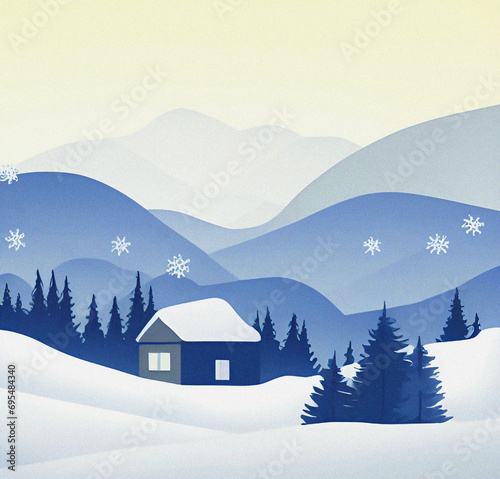 Winter mountain landscape with a house in the snow, Colorful illustration, background, wallpaper, card design, flyer  © SuFiSa