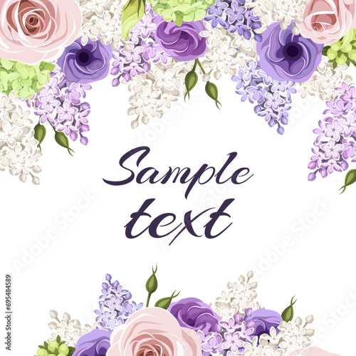 Greeting or invitation card with pink, purple, and white roses, lisianthus flowers, and lilac flowers. Vector card design