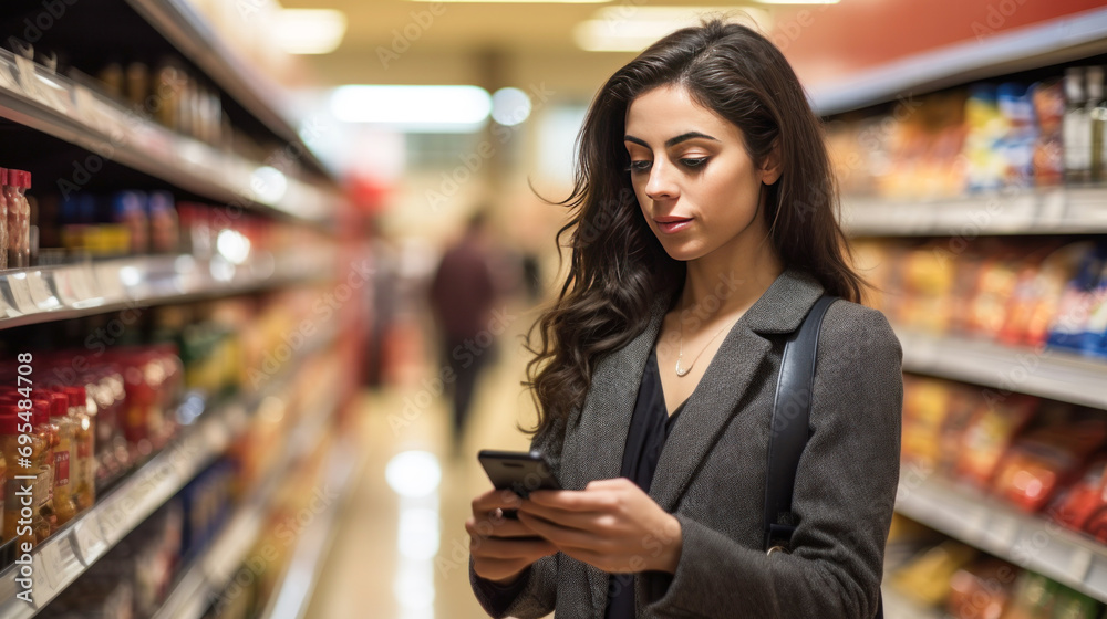 Young woman using smartphone at super shop Young woman using smartphone at super shop