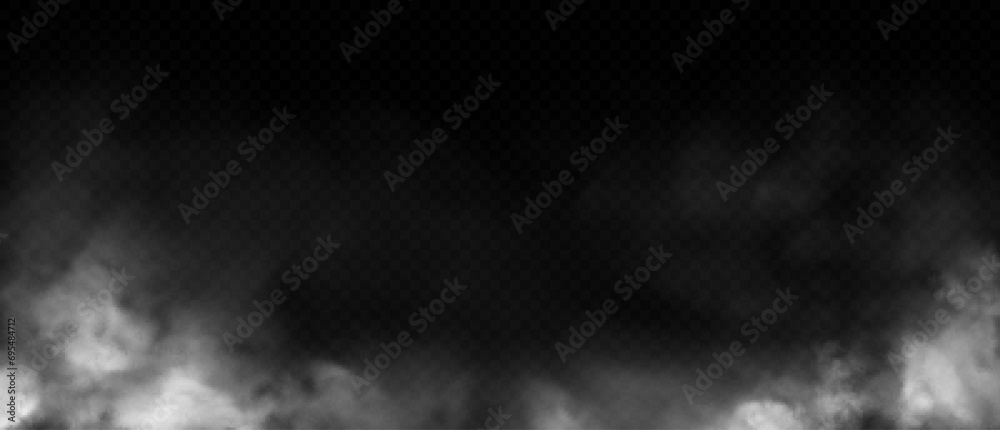 White smoke texture isolated on transparent background. Realistic vector fire smoke or mist. - obrazy, fototapety, plakaty 