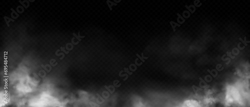 White smoke texture isolated on transparent background. Realistic vector fire smoke or mist.