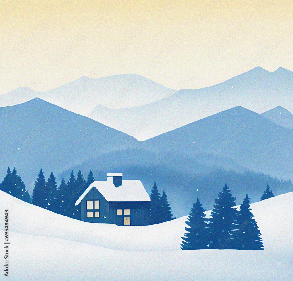 Winter mountain landscape with a house in the snow, Colorful illustration, background, wallpaper, card design, flyer
