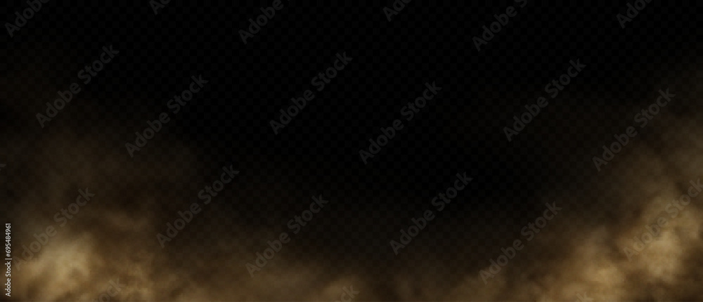 Brown dust, sand or dirt cloud on transparent background. Realistic road dust, desert storm, dirty air. Vector illustration - obrazy, fototapety, plakaty 