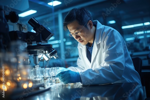 Dedicated scientists doing research analyzing samples under microscope in well equipped laboratory