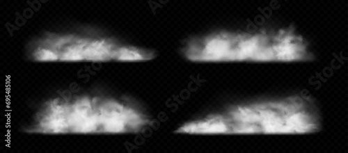 White dust, smoke or fog clouds set isolated on transparent background. Air pollution concept. Vector illustration
