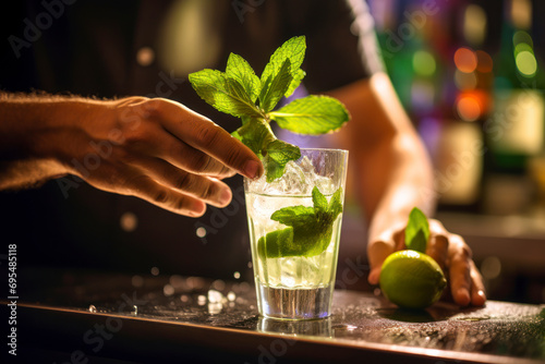 Mojito mixology, close-up of a bartender muddling fresh mint leaves and lime in a shaker, capturing the vibrant colors and textures of the ingredients. photo