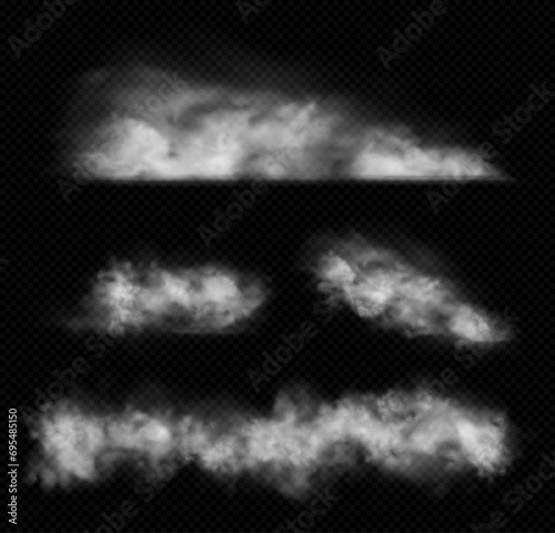 White smoke clouds set isolated on transparent background. Air pollution concept. Vector illustration