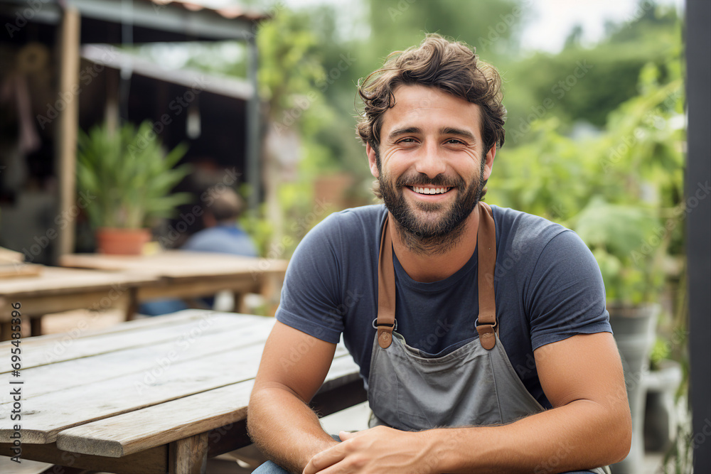 Fototapeta premium Cheerful attractive man model on city street on summer sunny day generative ai