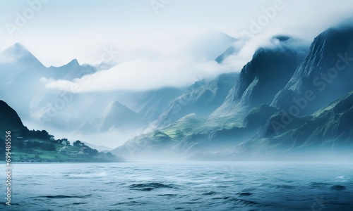 Lake Against The Background Of Morning Misty High Mountains 