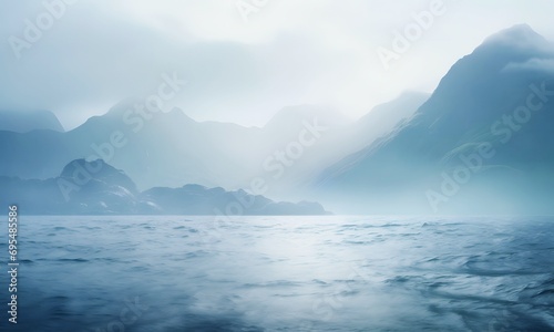 Lake Against The Background Of Morning Misty High Mountains  photo