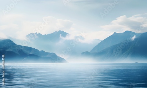 Lake Against The Background Of Morning Misty High Mountains 