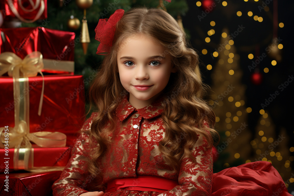 Generative AI picture image of adorable elegant glamour girl hold new year gift box