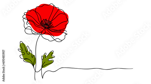 Poppy flowers in continuous line art drawing style. Doodle floral border with two flowers blooming among grass.