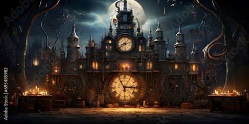Fantasy illustration of an old clock at night. 3D rendering