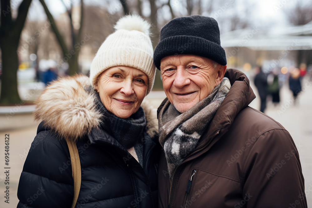 Generative AI portrait of retired couple hugging spend time outdoors wintertime