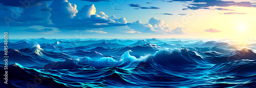 rough blue ocean waves under a sky with clouds during sunset. Sunlight is reflecting on the water