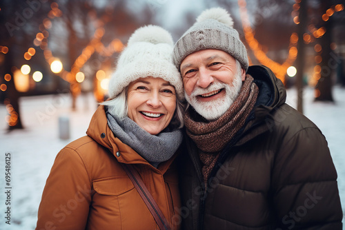 Generative AI portrait of retired couple in winter scene Christmas time hugging spend time © Tetiana