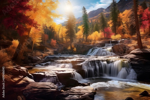 Digital painting of autumn forest with waterfall. Colorful autumn landscape with mountain river.