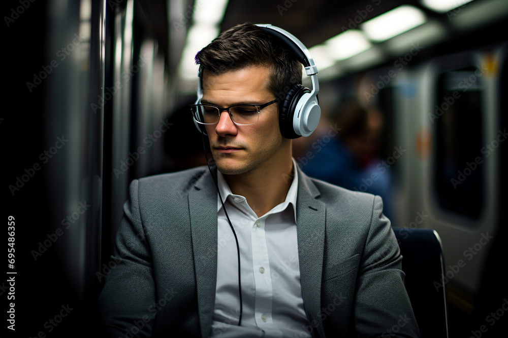 AI generated picture of relaxed man in headphones listening to music audio song sound relaxing in train ride AI generated picture of relaxed man in headphones listening to music audio song sound relaxing in train ride