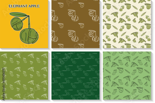 Elephant Apple seamless pattern and Sticker design set for juice, jelly, herbs, and pickle packaging design also known as (Dillenia indica) or Chalta of South East Asia is a sweet and sour fruit.