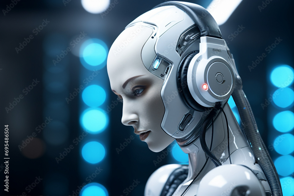Generative AI artwork picture of futuristic person robotic girl in headphones listening to modern music Generative AI artwork picture of futuristic person robotic girl in headphones listening to modern music