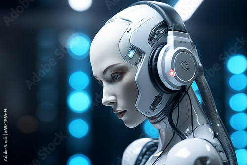 Generative AI artwork picture of futuristic person robotic girl in headphones listening to modern music