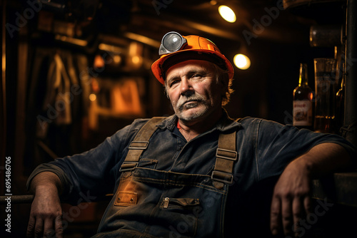 Skilled experienced coal miner wearing protective hardhat working deeply in mine generative AI