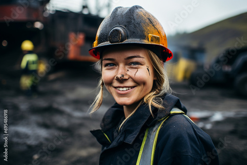 Portrait of a young woman miner in protective clothing on the background of a coal mine