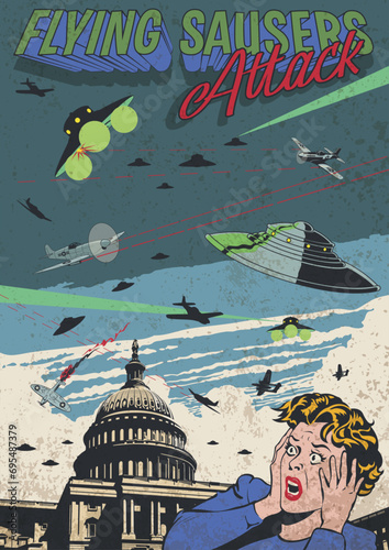 Flying Saucers Attack Retro Sci Fi Comic Book Style Illustration, UFO, Planes, Capitol, Screaming Woman in Panic