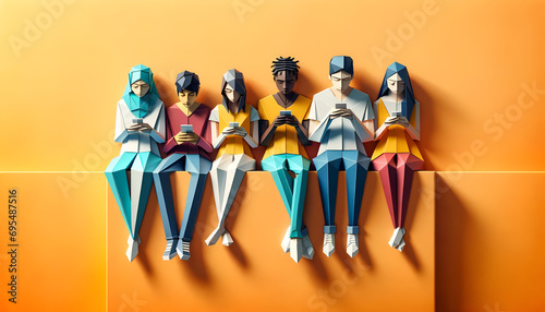 Multiracial millennials sharing media on a smartphone against a wall, Origami Style photo