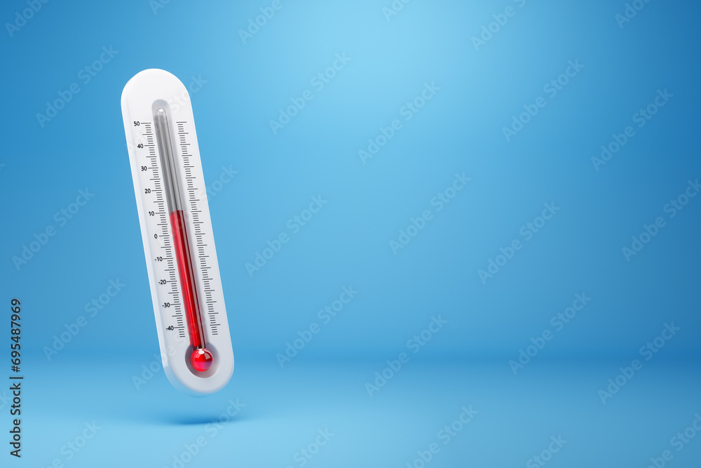 Thermometer showing average temperature is on blue background. Measurement of air temperature, abnormal temperature, weather forecast. 3D illustration, 3D rendering. Thermometer showing average temperature is on blue background. Measurement of air temperature, abnormal temperature, weather forecast. 3D illustration, 3D rendering.