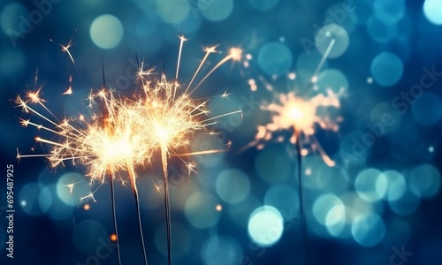 New Year and Christmas party sparklers on blue bokeh background