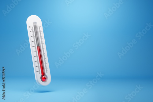 Thermometer showing average temperature is on blue background. Measurement of air temperature, abnormal temperature, weather forecast. 3D illustration, 3D rendering. photo