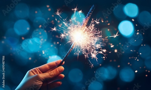 Sparkler on blue background. New year and Christmas concept.