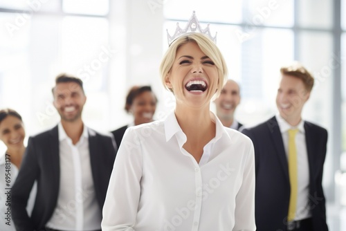 Guiding with Prestige: Portrait of a Smiling Business Woman, Wearing a Crown of Leadership, Directing Her Team with Determination and Joy in a Glass Office Setting