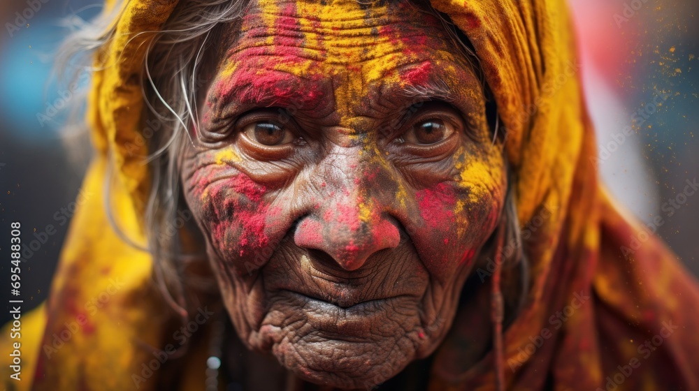 Indian serious senior woman at holi festival