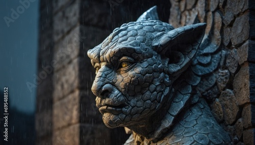  a close up of a statue of a gargoyle on a stone wall with a building in the background.