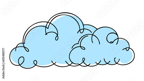 Continuous one line drawing of clouds. Blue cloud on white background. Vector illustration.