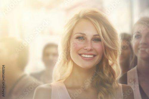 Office Elegance  Business Woman Smiles with Assurance  Leading a Group with Poise and Grace in this Powerful Glass Office Portrait