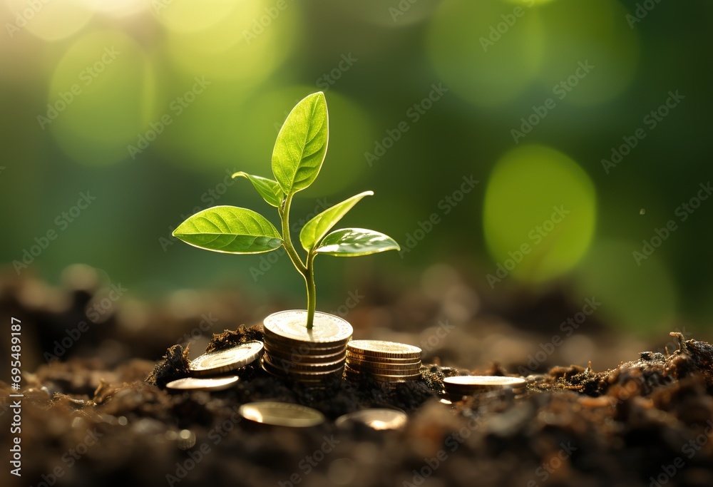 Emerging green shoots among coins, symbolizing financial growth and sustainable investment - obrazy, fototapety, plakaty 