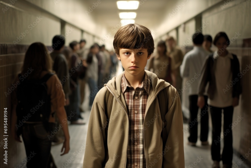 Young teen boy sad lonely face at a school