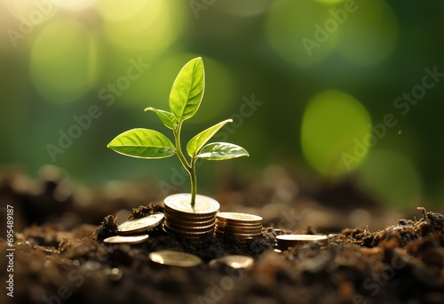 Emerging green shoots among coins, symbolizing financial growth and sustainable investment photo