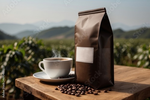 Close-up of a package of coffee beans, surrounded by coffee beans. A white, steaming cup of coffee is placed nearby. Soft and warm lighting enhances the relaxed atmosphere. Ready for text and a logo