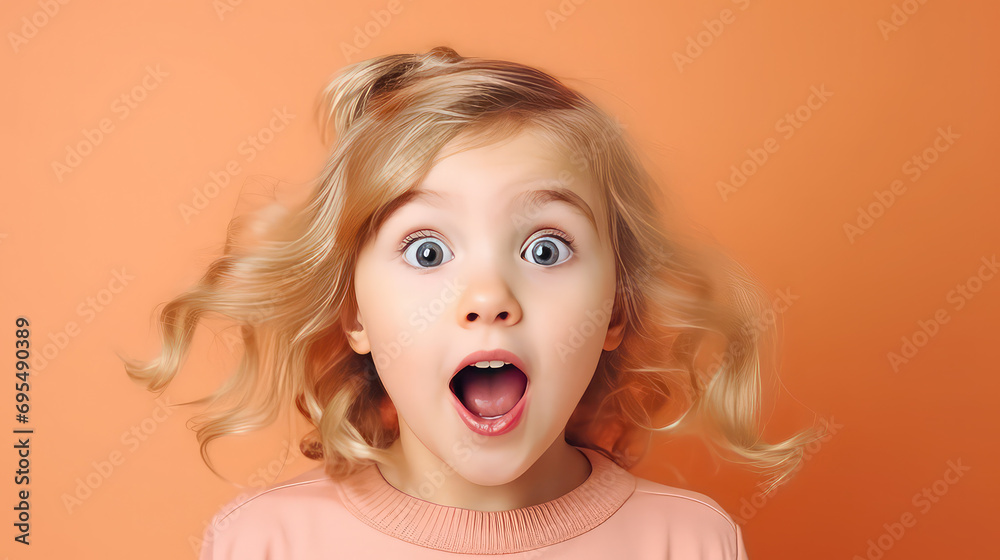 Cute little girl surprised face looking at camera - obrazy, fototapety, plakaty 