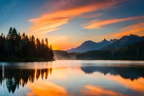 "Lake Bliss at Dawn: A Stunning Sunrise Scene"